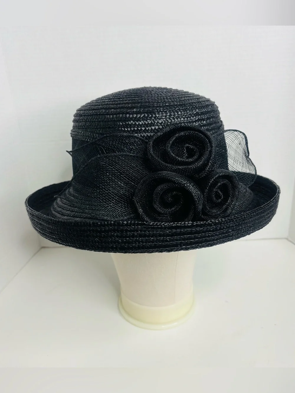 betmar Black Woven Dress Hat with Rosette Trio